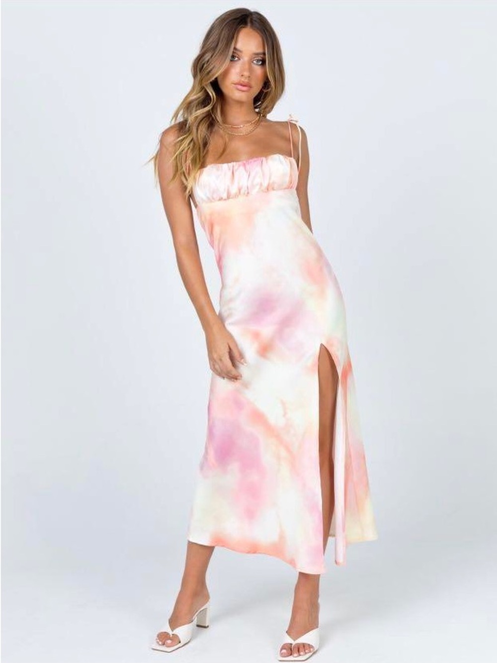 Princess Polly Pastel Tie-Dye Slip Midi Dress in Pink, Peach & Cream